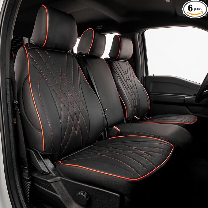 EKR F150 Seat Covers Custom Fit for (4 Door,SuperCrew) Ford F-150 Raptor/Tremor 2021 2022 2023 2024 2025 2026,Leather Truck Seat Cover Full Set -Faux Leather(Black with Red Trim) by EKR