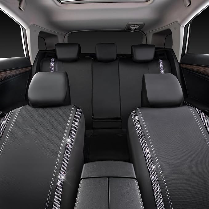 CAR PASS Bling Diamond Car Seat Covers Full Set,Shining Rhinestone Waterproof Faux Leather,Rear with Zipper,Universal Fit Automotive Glitter Crystal Sparkle Strips for Women,Violet Purple Rhinestone - Image 9