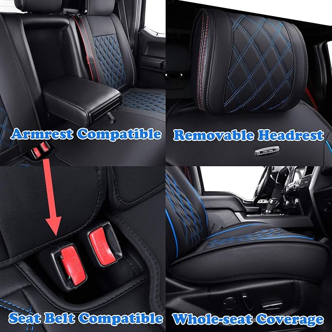 Car Seat Covers for Ford F150 F250 F350 F450 Truck (Black-Blue) | Custom Fit 2009-2026 F150 Supercrew, 2017-2026 F250 F350 F450 Super Duty XLT STX XL Lariat Pickup,Waterproof Leather Full Set - Image 5