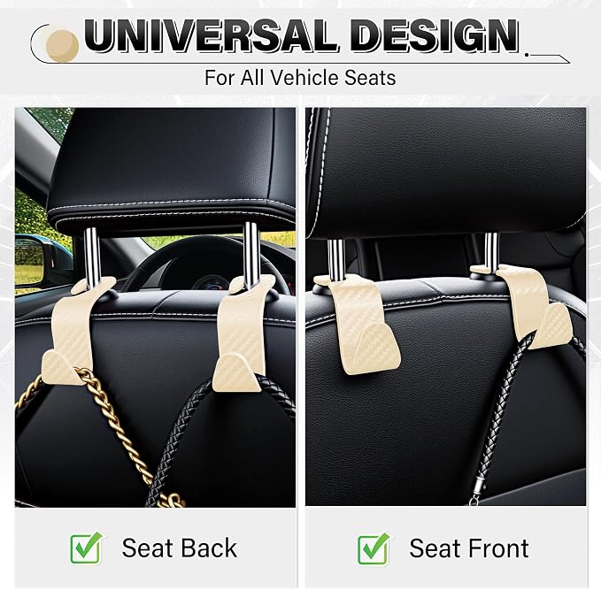 SINGARO Universal 4 Pack Car Seat Headrest Purse Hook, Carbon Fiber Back Seat Hook Storage Organizer Hanger for Purse Handbag Coat, Car Interior Accessories(Beige) - Image 4