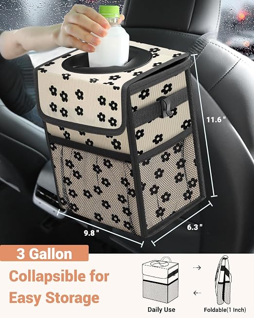 Capolo Car Trash Can with Lid, Leakproof Car Garbage Can Car Trash Bag | Waterproof, Trash Can for Car, 3 Mesh Pockets, Mini Hanging Vehicle Car Trash Bin, for Back/Front Seat (Black Flower,3 Gal) - Image 2