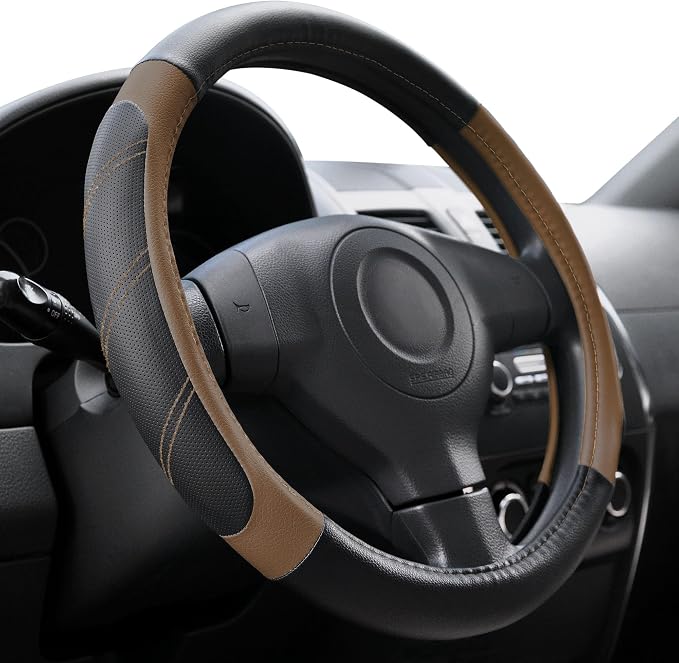 Elantrip Leather Steering Wheel Cover 14 1/2 to 15 inch Universal Padded Soft Grip Breathable for Car Truck SUV Jeep Anti Slip Brown by Elantrip
