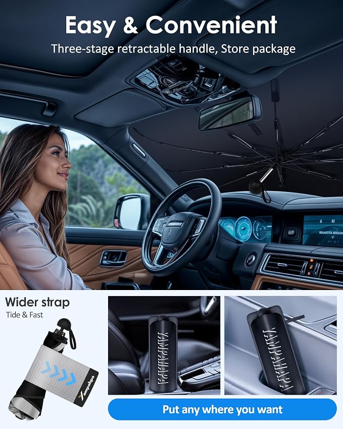 Yampahapa Car Windshield Sun Shade Umbrella, Nano-Sized Condensation Foldable Cover, UV Ray Reflector, Medium Sedan Sunshade with Cooling Feature - Image 6