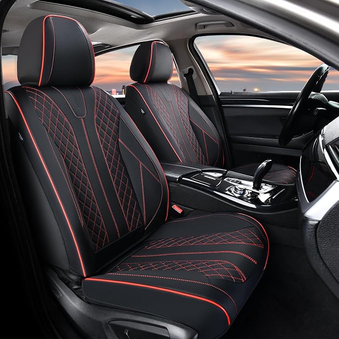 FLORICH Leather Seat Covers Car Seat Cover Front and Rear Seat Cover 5 Seats Automotive Seat Covers Waterproof Seat Covers for Cars Universal Fit for Most Cars SUV Trucks, Black&Red Line - Image 2