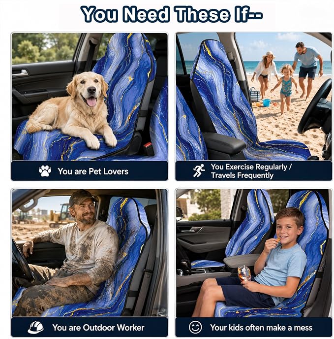 Car Seat Towel Cover 2 Pack for Front Seats, Sweat Absorbent Car Seat Protector with Non-Slip Backing, Waterproof Towel Car Seat Covers for Runners, Gym, Swimming, Beach, Blue Gold Marble - Image 9