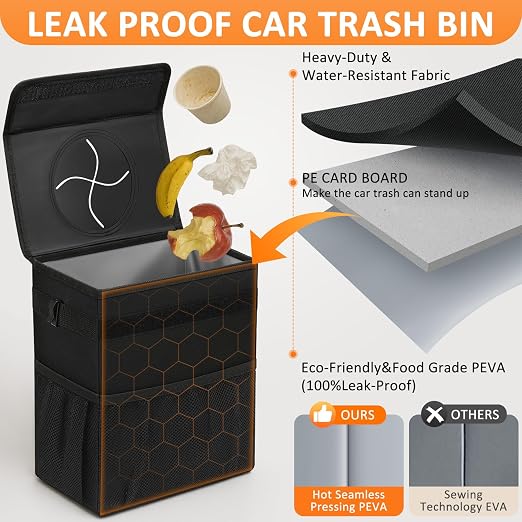 Vankor Car Trash Can with Lid Leak Proof Car Accessories for Women | 2.2 Gallon Cute Hanging Car Trash Bin for Men Car Truck Vehicle Sedan SUV Interior Automotive Garbage Cans, Black - Image 3