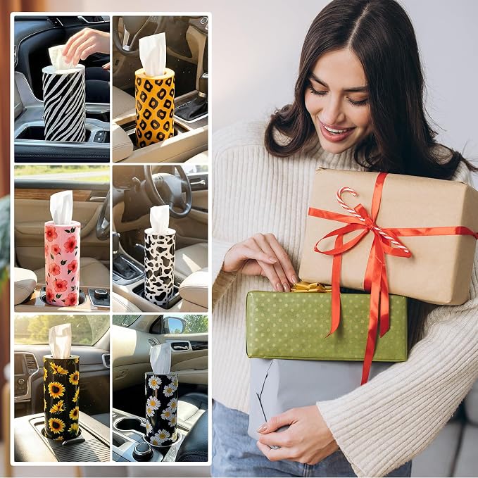 Car Tissues Cylinder for Cup Holder - Refillable Round Tissues Canister with 2 Packs Tissue - Boho Floral Car Interior Accessories for Women & Men - Cute Flower Cars Decorations (Daisy) - Image 8
