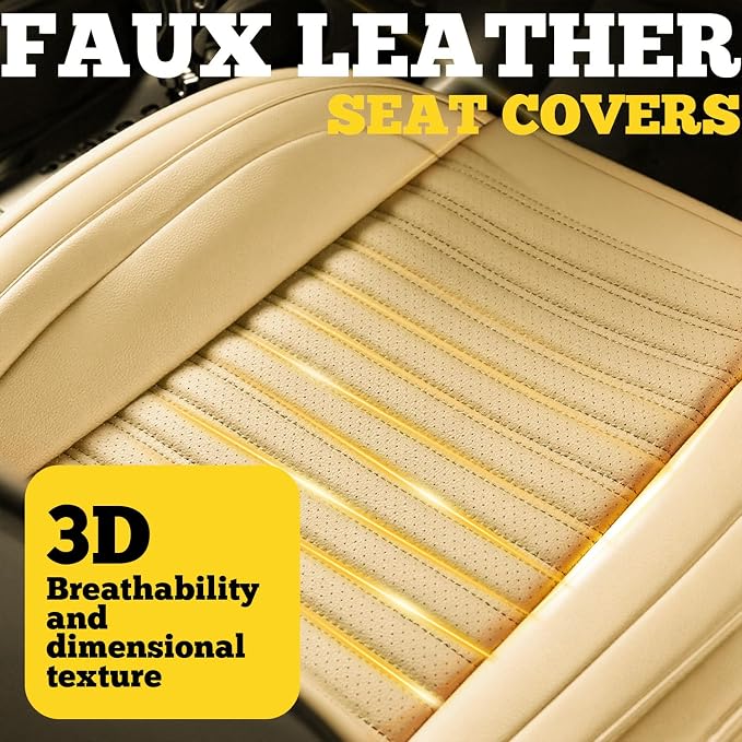 Front Car Seat Covers, Faux Nappa Leather for Sedan SUV, 2 Seats | Waterproof, Breathable and Airbag Compatible, Helps Reduce Slipping, Beige - Image 7
