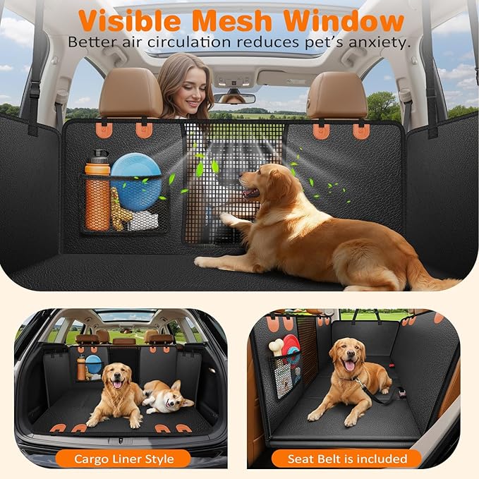 URPOWER PU Leather Hard Bottom Dog Car Seat Cover, Back Seat Extender | 500 lbs Support, 45% More Space, Waterproof, Scratch Resistant, Non-Slip, Mesh Window, Easy Care, Dog Seat Belt Included - Image 4