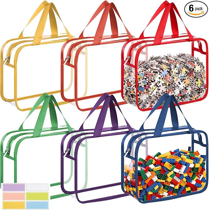 Toy Storage Bags 6 Pack, Clear PVC Toy Organizers, Colorful | Waterproof PVC, Large 30 x 10 x 22 CM Size, Label-Ready, For Toys, Books, Puzzles, Classroom and Travel by Dntorx