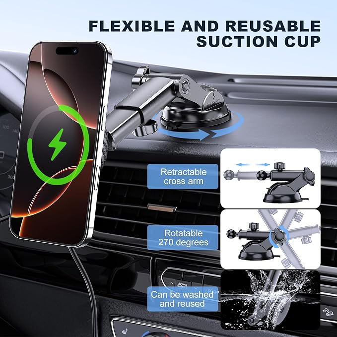 for Mag-Safe Car Mount Charger Dash Windshield Vent Magnetic Phone Holder | Wireless Car Charger with LED Light Car Phone Holder for iPhone 17 16 15 14 13 12 Series for MagSafe Carbon Firber - Image 5