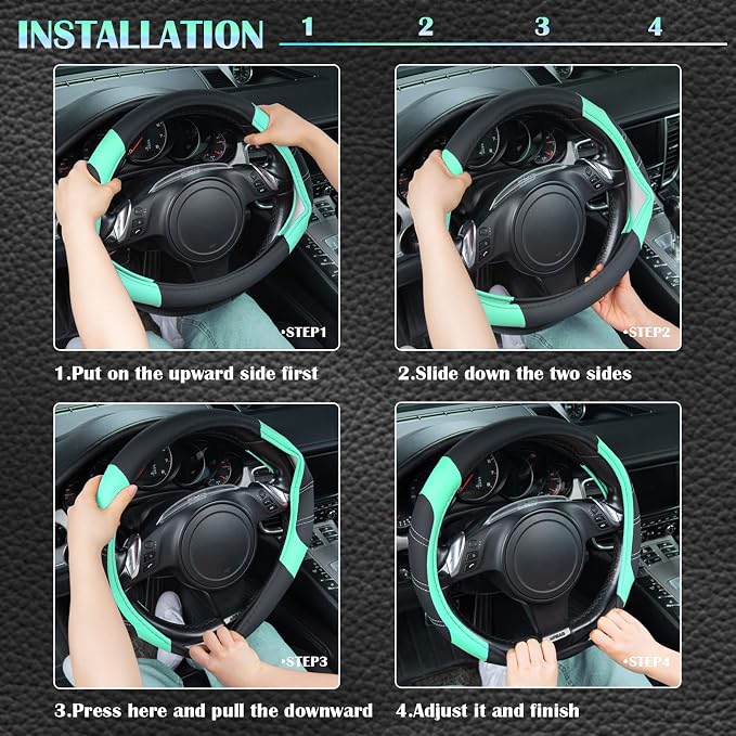 CAR PASS Line Rider Microfiber Leather Sporty Steering Wheel Cover Universal Fits for 95% Truck,SUV,Cars, 14.5-15 inch Anti-Slip Safety Comfortable Design (Black Mint Blue) - Image 4