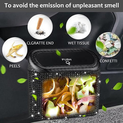 Accmor Bling Car Trash Can with Lid, Mini Vehicle Trash Bin, Car Dustbin Garbage Organizer with 60 Trash Bag, Leakproof Auto Storage Bag Container for Car, Home, Office (Carbon Fiber&Black Rhinestone) - Image 5