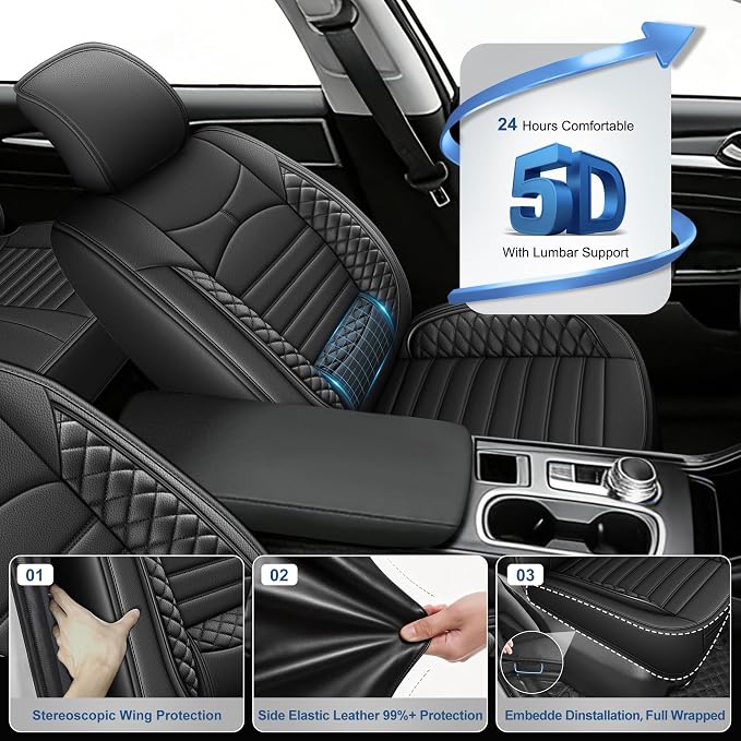 Custom for Ford Fusion Seat Covers SE/Titanium/S/SEL/Sport/Platinum 2013 2014 2015 2016 2017 2018 2019 2020 Car Seat Covers Full Set Faux Leather Car Seat Cushion Protector (Black, 5 Seats) - Image 6
