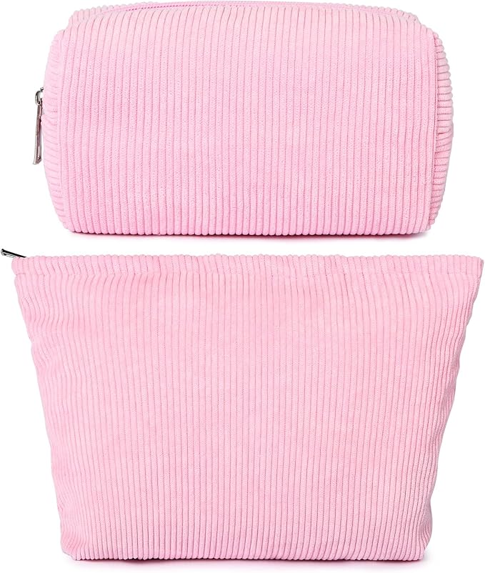 SOIDRAM 2 Pieces Makeup Bag Large Corduroy Cosmetic Bag Capacity Canvas Mix Travel Toiletry Bag Organizer Cute Makeup Brushes Aesthetic Accessories Storage Bag for Women,Corduroy Mix Hot Pink by SOIDRAM