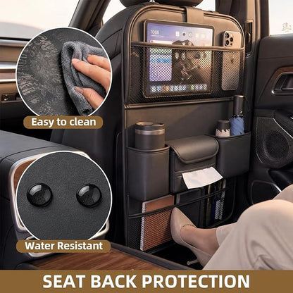 Car Backseat Organizer with Kick Mat & Foldable Tray, 2-Pack | Touchscreen Tablet Holder, Water Resistant PU Leather, Seat Back Protector with Storage Pockets, Road Trip Travel Accessories - Image 3