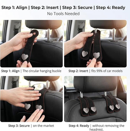 2 PCS Car Seat Backpack Hooks, 2 in 1 Seat Headrest Hooks, Leather Double Hook Organizer, Foldable Heart Shape Storage Hook with Phone Holder, Universal for Most Cars, Trucks, SUVs (Black) - Image 7