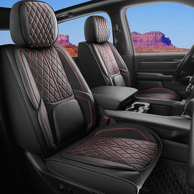 Car Seat Cover Custom Fit for Dodge Ram 1500 2500 3500 2002-2026 Faux Leather Seat Cover Set Compatible with Crew Quad Regular Cab Pickup Truck Cushions (Black & Blue, Full Set, Flat Rear) by DuDuWang