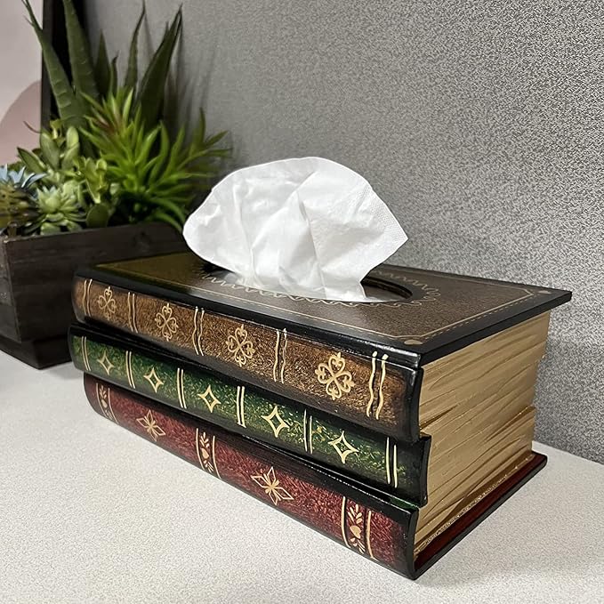 Retro Wooden Antique Book Tissue Box Cover Rectangular Home Library Decor | Crafted Decorative Tissue Holder Dispenser Paper Cover Case Napkin Holder for Bathroom living room office car kitchen - Image 5