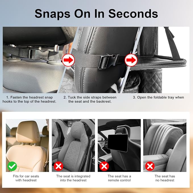 Car Backseat Storage Organizer, 11 PU Leather Pockets & Foldable Table Try | Rosynee Black Kick Mats Back Seat Protector and Cup Holder, Travel Accessories Universal Use Seat Covers with Tablet Holder - Image 6