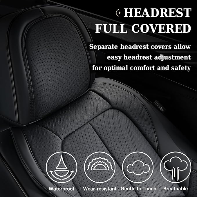 Coverado Car Seat Covers Full Set, Premium Nappa Leather Seat Covers for Car, Waterproof Car Seat Protector with Lumbar Support, Automotive Seat Covers Universal Fit for Most Cars SUV Truck(Black) - Image 9