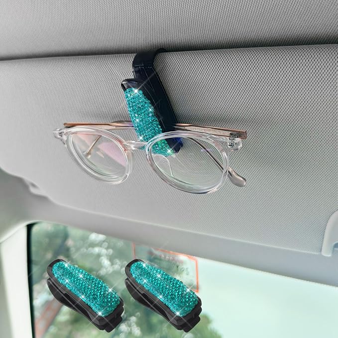 2PCS Glasses Holders for Car Sun Visor, Fashion Bling Crystal Rhinestones Car Eyeglasses Sunglasses Hanger Mount with Ticket Card Clip, Universal Vehicle Visor Accessories for Women Men (Lake Blue) by Unknown