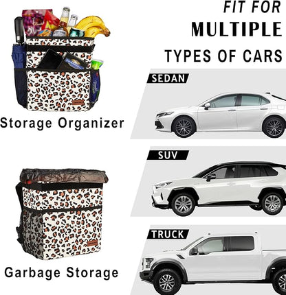 SIBOFUEGO Cute Car Trash Can with Lid – Multipurpose Collapsible Trash Bin for Car, Leak-Proof Organizer, Waterproof Garbage Can with Storage Pockets & Adjustable Straps, 2 Gallons (Leopard Print) - Image 4