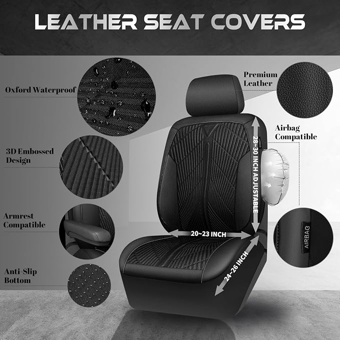 CAR PASS Oxford Leather Car Seat Covers Front 2 Only, Scratch Thick Seat Covers Waterproof, Universal Fit for Truck SUV Sedan, Durable All Weather, Emboss Black - Image 3