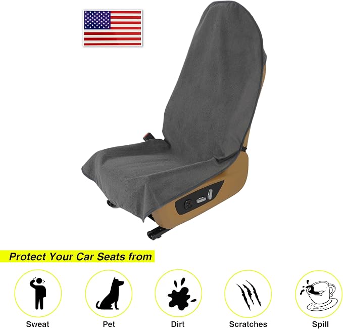 Waterproof Towel Car Seat Cover, Sweatproof Non-Slip Seat Protector, Universal Fit for Front Bucket or Rear Bench Seat of Cars, SUVs, Vans, Trucks, Compatible with Airbags and Armrests (Gray, 2 Pack) - Image 2