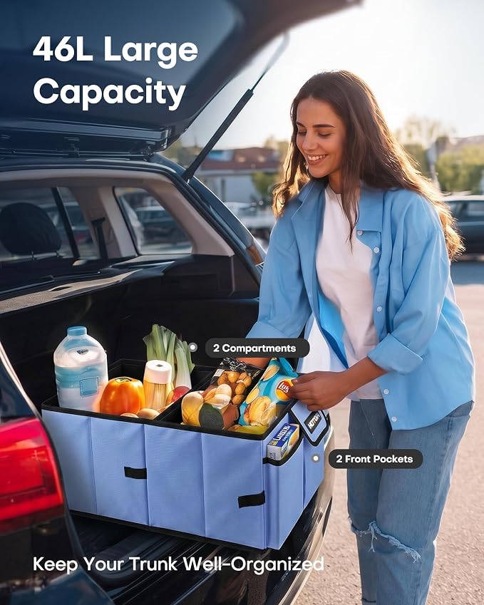 HOTOR Trunk Organizer - Foldable Car Organizer for SUVs & Sedans Storage | Sturdy Car Organization for Men & Women, Car Accessories, Tools, Sundries, Blue, 2 Compartments, 21.3" x 12.6" x 10.6" - Image 3