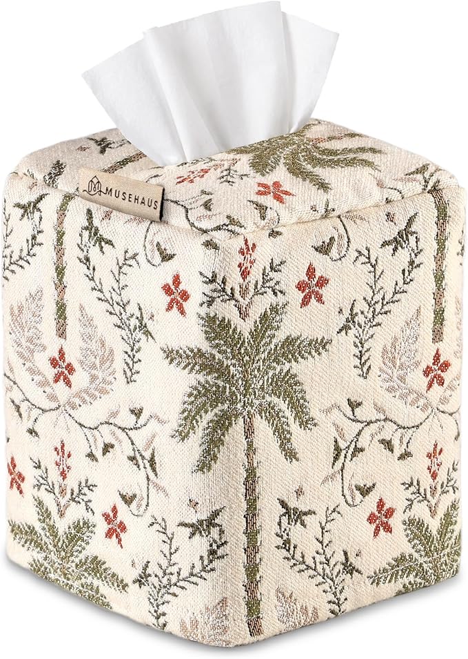 Chenille Tissue Box Cover - Vintage Farmhouse Decor, Coastal Palm | Tissue Box Cover Square, Cube Tissue Holder, 4.5x4.5x5.5 in, Home, Living Room, Bathroom, Bedroom, Office, Vanity, Car Decor by MuseHaus