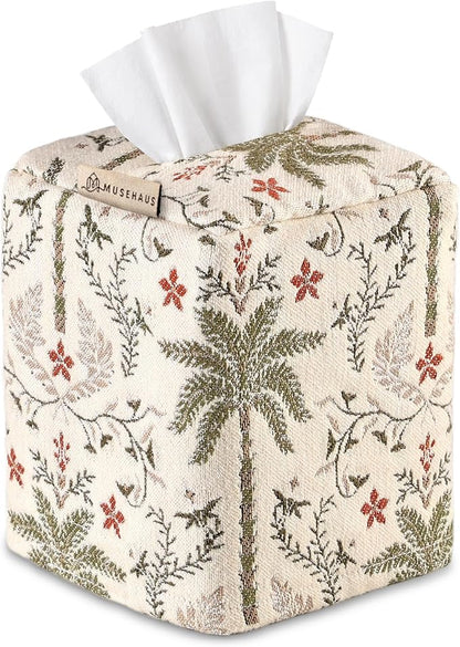Chenille Tissue Box Cover - Vintage Farmhouse Decor, Coastal Palm | Tissue Box Cover Square, Cube Tissue Holder, 4.5x4.5x5.5 in, Home, Living Room, Bathroom, Bedroom, Office, Vanity, Car Decor by MuseHaus