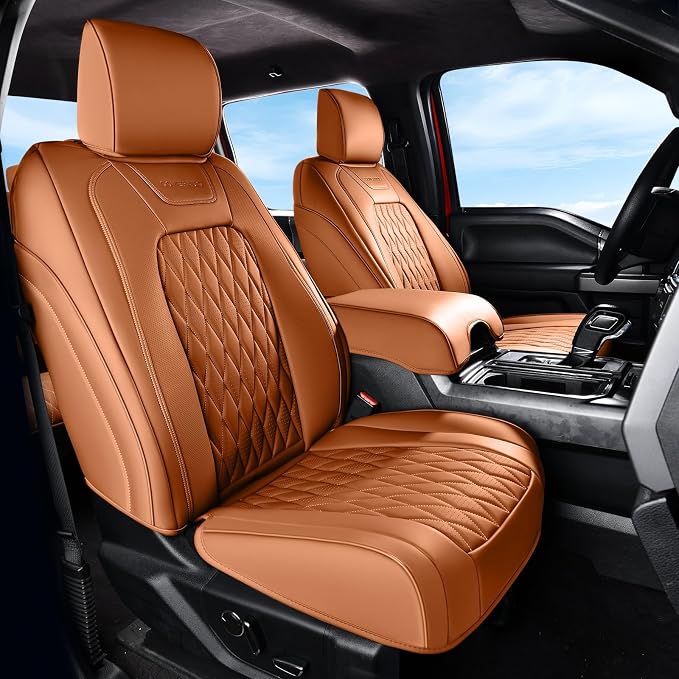 Coverado Premium Leather Front Seat Covers Waterproof Heavy-Duty Protectors Custom Fit for Ford F150 (2015-2026) F250/F350/F450 (2017-2026)-Orange, Stain-Resistant by COVERADOAUTO