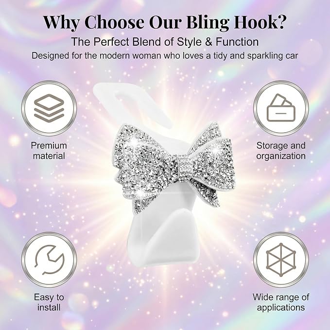 2 PCS Bling Car Seat Headrest Hooks, Crystal Rhinestone Bow Car Purse Hooks, Vehicle Seat Back Storage Hook for Handbag Purse Coat Grocery, Universal for SUV Truck Sedan (White) - Image 6