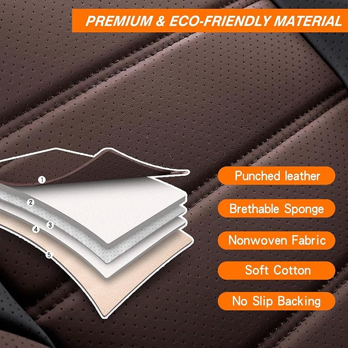 MINGBRON Car Seat Covers Full Set, Brown Car Seat Cover Lumbar Support, Car Seat Protector Waterproof, Nappa Leather Car Seat Cushion, Front Seats and Back Fit for Most Cars - Image 8
