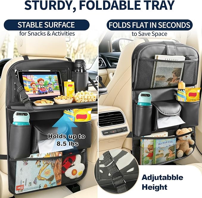 Backseat Car Organizer with Foldable Tray Table (1 Pack) | Premium PU Leather Seat Back Organizer with Tablet Holder, Large Pockets, Kick Mat for Family Travel and Daily Use - Image 3
