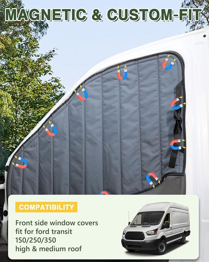Van Window Covers Fit for Ford Transit High/Medium Roof 2015-2025 | 150 250 350, Blackout Privacy & Thermal Insulation Magnetic Van Front Door Side Window Shades, Gray (Pair) - Image 4