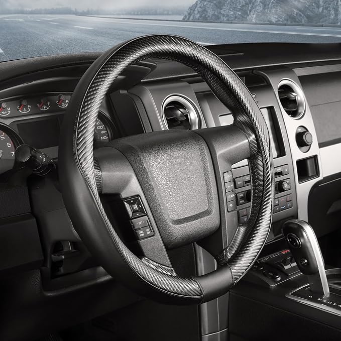 SEG Direct Steering Wheel Cover 15.5"-16" Heavy-Duty, Black Carbon Fiber | Large Size for F150 F250 F350 Ram 4Runner Tacoma Tundra Range Rover, Microfiber Leather Non-Slip, Auto Interior Accessories by SEGDirect