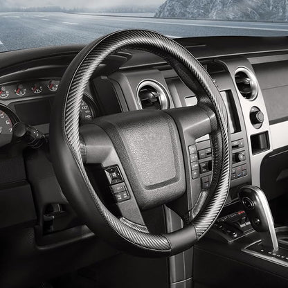 SEG Direct Steering Wheel Cover 15.5"-16" Heavy-Duty, Black Carbon Fiber | Large Size for F150 F250 F350 Ram 4Runner Tacoma Tundra Range Rover, Microfiber Leather Non-Slip, Auto Interior Accessories by SEGDirect