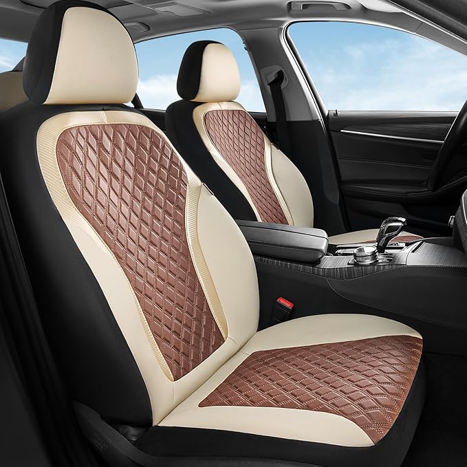 Coverado Front Seat Covers, Luxury Diamond Leather Car Seat Cover with Carbon Fiber Weave, Waterproof Car Seat Cover Driver Seat Cover Spill-Proof Design Universal Fit for Most Cars, Beige&Brown by COVERADOAUTO