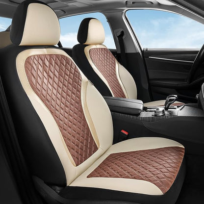 Coverado Front Seat Covers, Luxury Diamond Leather Car Seat Cover with Carbon Fiber Weave, Waterproof Car Seat Cover Driver Seat Cover Spill-Proof Design Universal Fit for Most Cars, Beige&Brown by COVERADOAUTO
