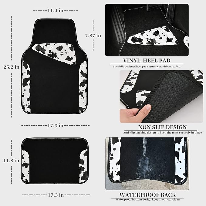 CAR PASS Waterproof Universal Fit Car Floor Mats, Cow Print Car Mats Fit for SUV,Vans,sedans, Trucks,Set of 4pcs Car Carpet with Driver Heel Pad and Nibs Backing,or Cute Women Girly Funny Black White - Image 2