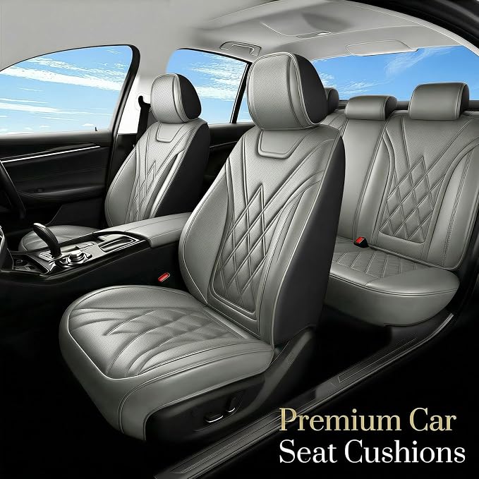 Car Seat Covers Compatible with GMC Terrain 2010-2025 2026 - Full Set 5 Seats Luxury Leather All-Weather Seat Cushions & Protectors, Waterproof & Breathable, Airbag Compatible (Grey) - Image 2