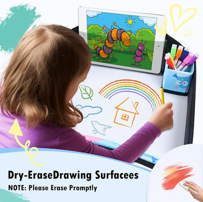 Car Seat Tray,Toddler Road Trip Essentials With Drawing Kit | Road Trip Essentials Accessories Lap Tray with iPad Holder Stand & Dry Erase Board as Travel Gifts for Kid,Baby Blue - Image 3