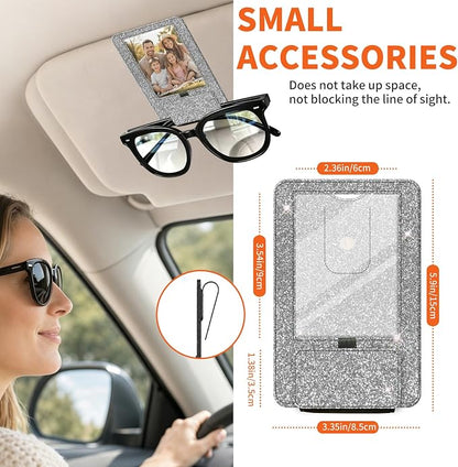 2-in-1 Car Visor Sunglasses & Photo Holder, Magnetic PU Leather Glasses Clip with Picture Display Slot, Universal Sun Visor Organizer for Eyeglasses, Personalized Cards & Memories, Silver Glitter - Image 5