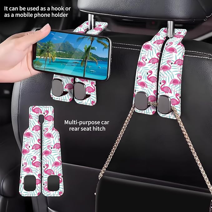 Car Seat Back Storage Headrest Hook, Premium Leather Double Metal Hook, Hanger Storage Organizer for Purse Cloth Bag, Car Interior Accessories Pink Cute Flamingo - Image 2