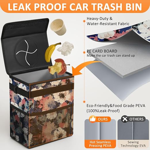Vankor Car Trash Can with Lid Leak Proof Car Accessories for Women | 2.2 Gallon Cute Hanging Car Trash Bin for Men Car Truck Vehicle Sedan SUV Interior Automotive Garbage Cans, Floral - Image 3