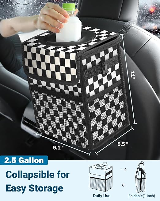 Capolo Car Trash Can with Lid, Leakproof Car Garbage Can Car Trash Bag | Waterproof, Trash Can for Car, 3 Mesh Pockets, Mini Hanging Vehicle Car Trash Bin, for Back/Front Seat (Black Square,2.5 Gal) - Image 2