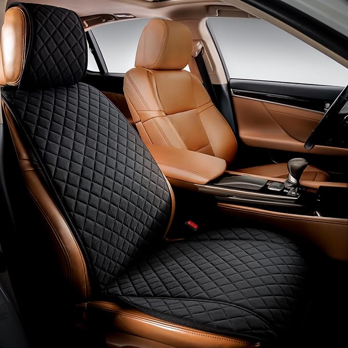 Faux Linen Front Car Seat Cover, Seat Protector, 1 Unit, Black | Non-Slip Bucket Sear Cover for Most Cars, SUVs, Vans & Trucks – Machine Washable, Side-Airbag Friendly by IVICY