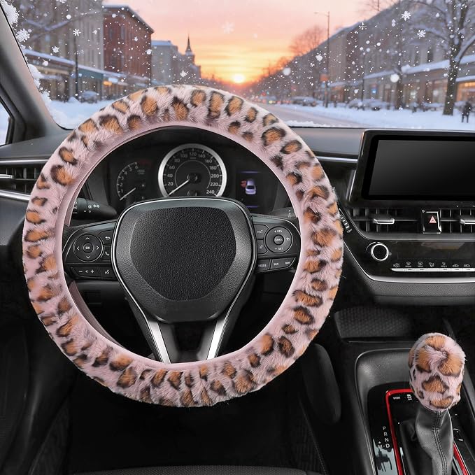 SEG Direct Fluffy Furry Steering Wheel Cover Fuzzy Gear Shift Pink Leopard | 2 PCS Set, Soft and Warm, Cute Fur Auto Car Decor, Standard Size 14.5- 15 inch for Women Men - Image 2